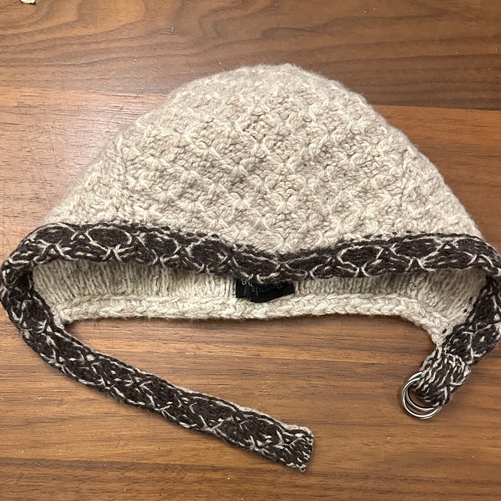 Chic Oatmeal Hand Knit Bonnet Hat with Brown Trim 100% Merino Wool